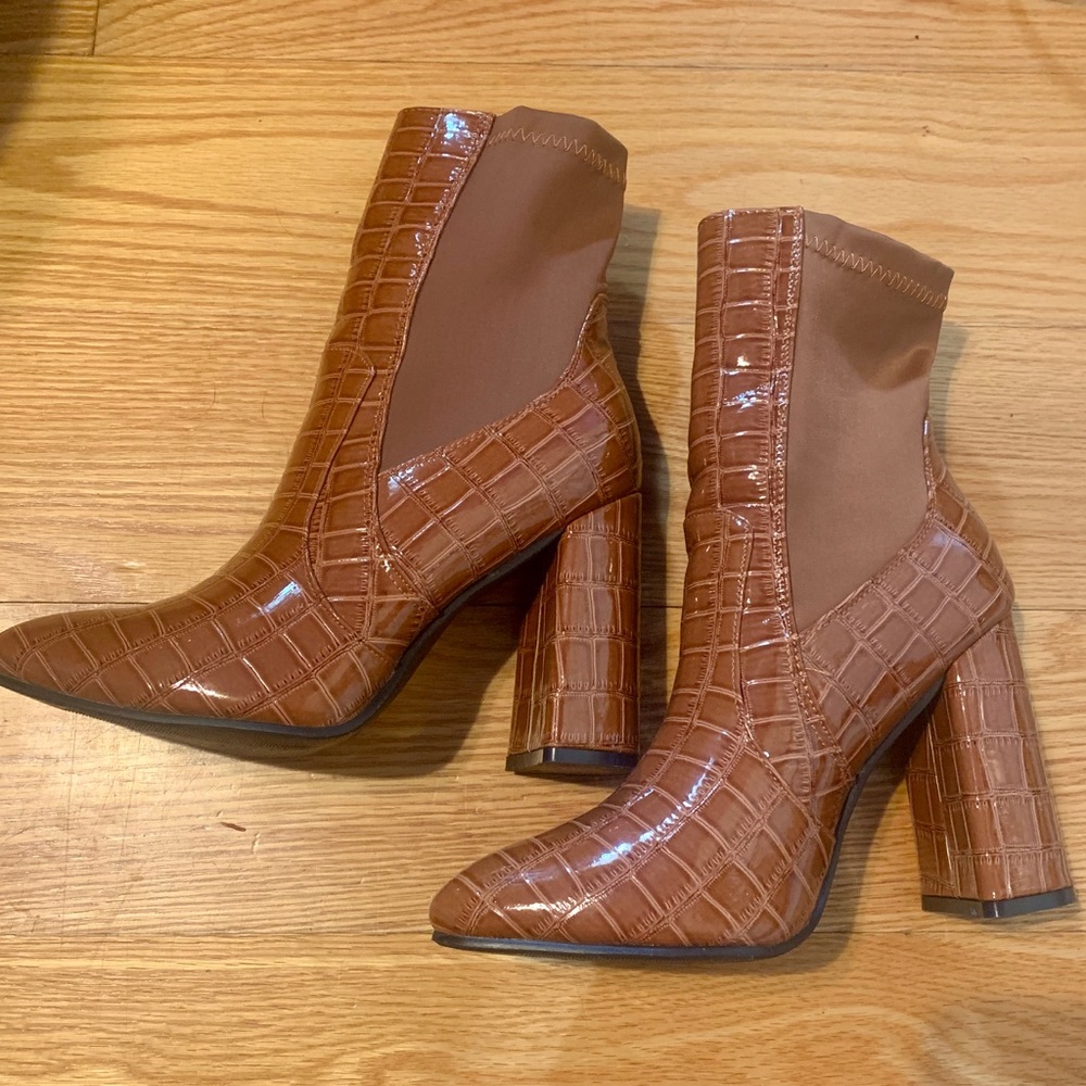 Tan Crocodile Print Ankle Boot
